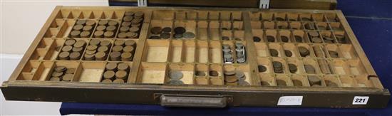 A printers tray, together with a large collection of English coinage